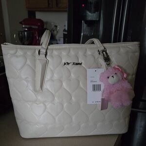 Betsey Johnson Cream Heart Tote with Pink Bear Charm